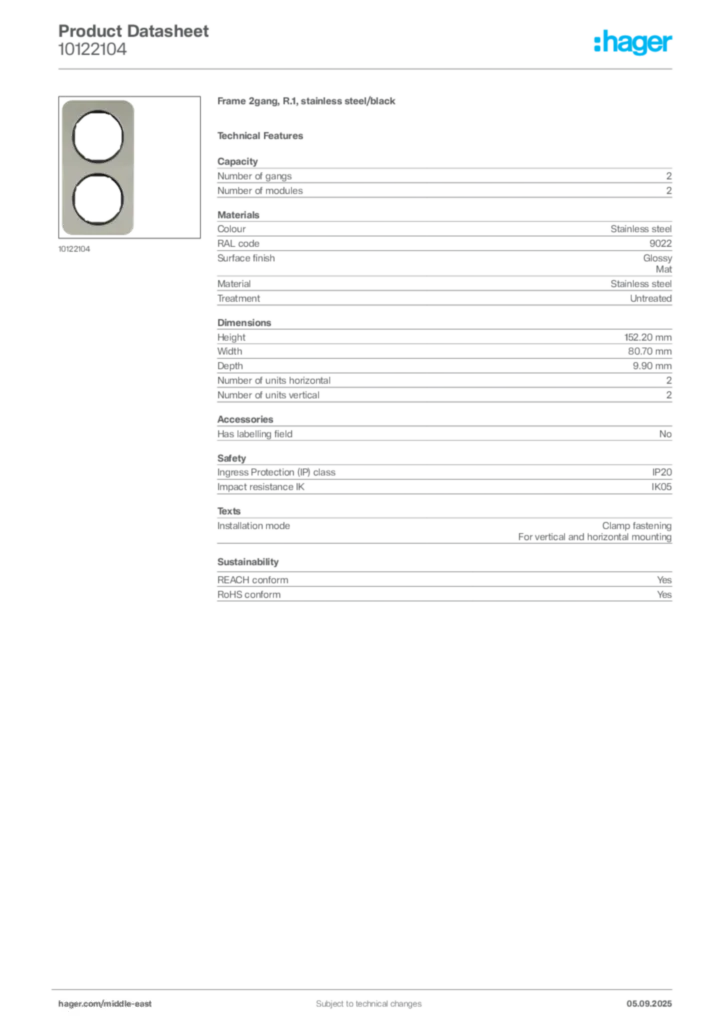 Image Hager Product data sheet 10122104  | Hager