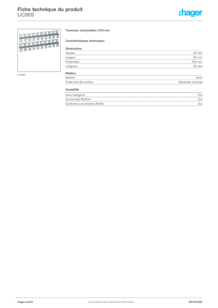 Image Hager Fiche technique du produit UC989 | Hager France