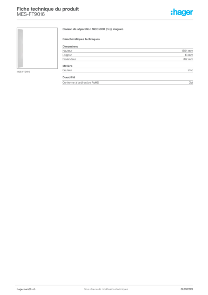 Image Hager Fiche technique du produit MES-FT9016 | Hager Suisse