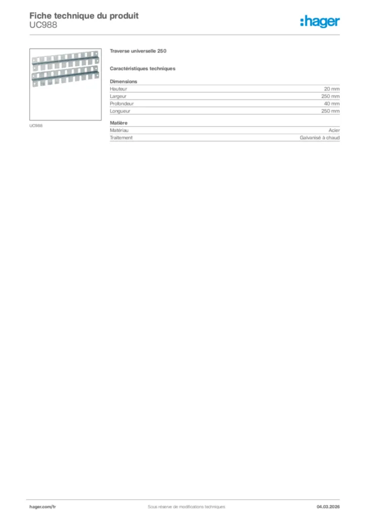 Image Hager Fiche technique du produit UC988 | Hager France