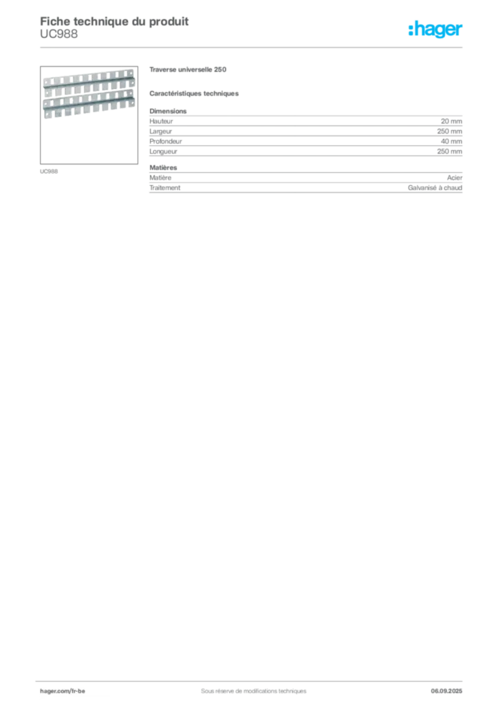 Image Hager Fiche technique du produit UC988 | Hager Belgique
