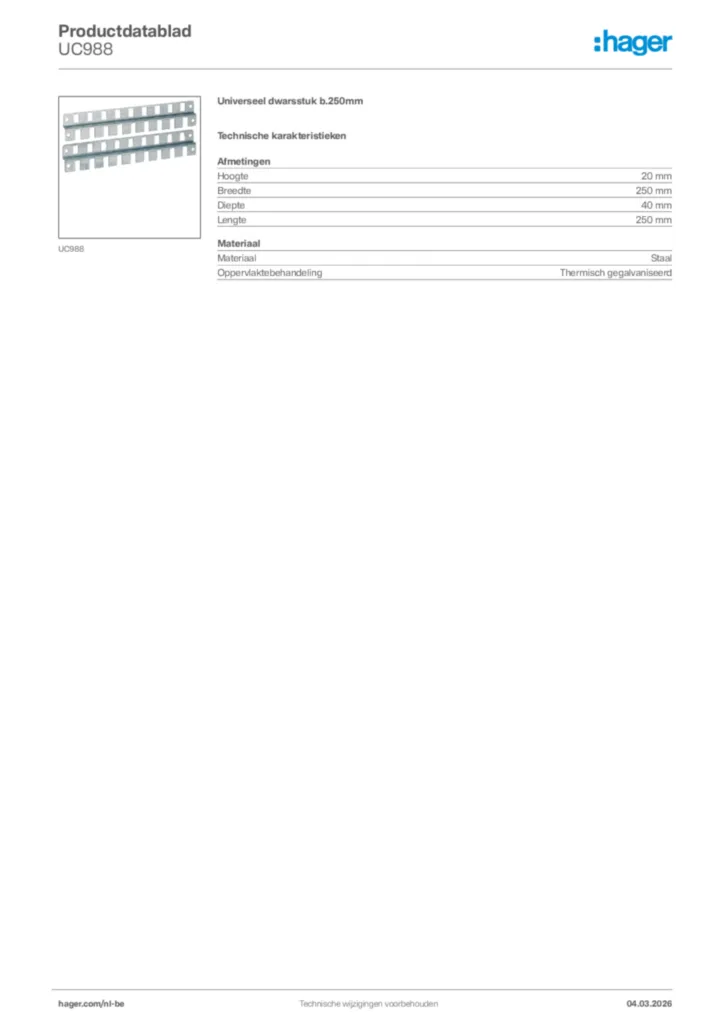 Afbeelding Hager Productdatablad UC988 | Hager Belgium