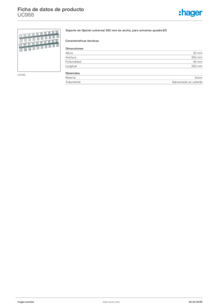 Imagen Hager Ficha de datos de producto UC988 | Hager España