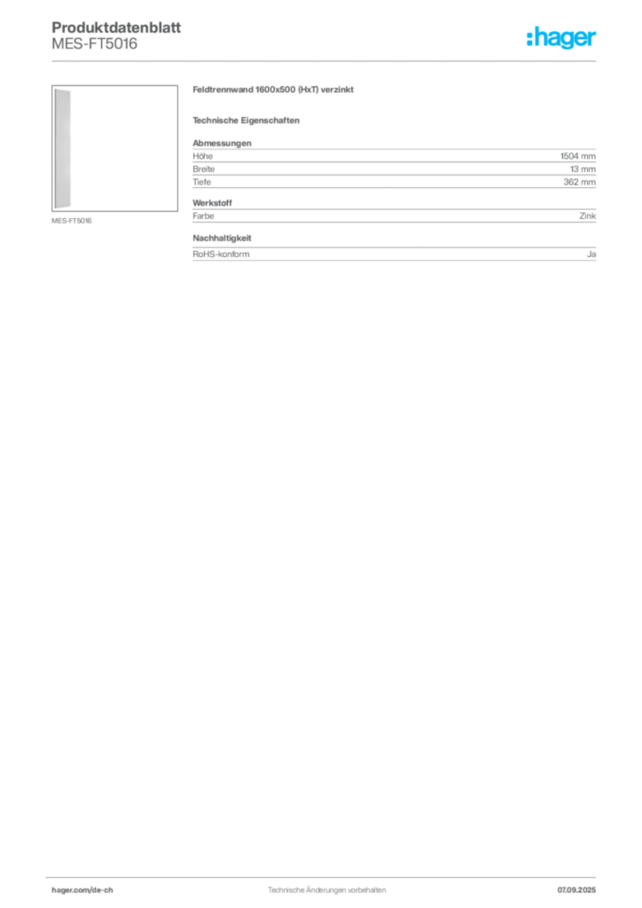 Bild Hager Produktdatenblatt MES-FT5016 | Hager Schweiz