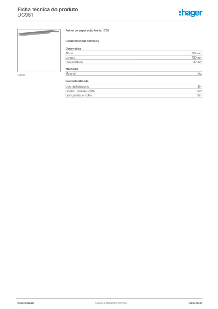Imagem Hager Ficha técnica do produto UC981 | Hager Portugal