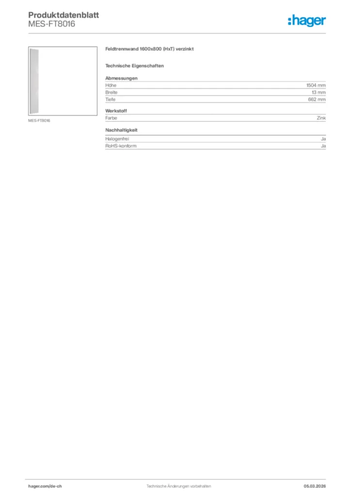 Bild Hager Produktdatenblatt MES-FT8016 | Hager Schweiz