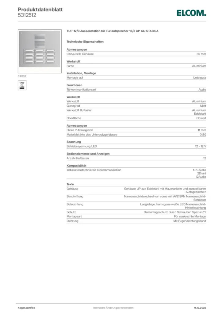 Bild Elcom Produktdatenblatt 5312512 | Hager Deutschland