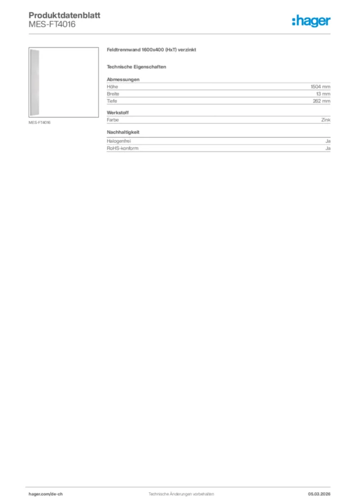 Bild Hager Produktdatenblatt MES-FT4016 | Hager Schweiz