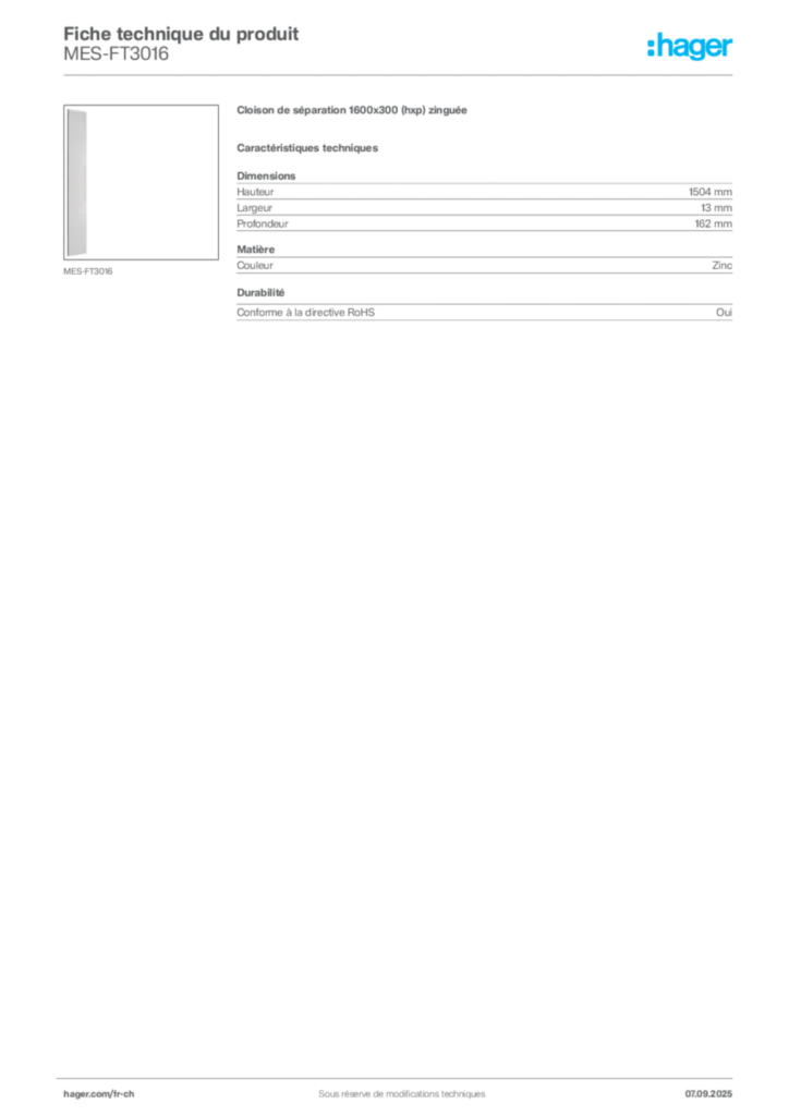 Image Hager Fiche technique du produit MES-FT3016 | Hager Suisse