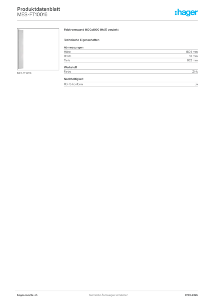 Bild Hager Produktdatenblatt MES-FT10016 | Hager Schweiz