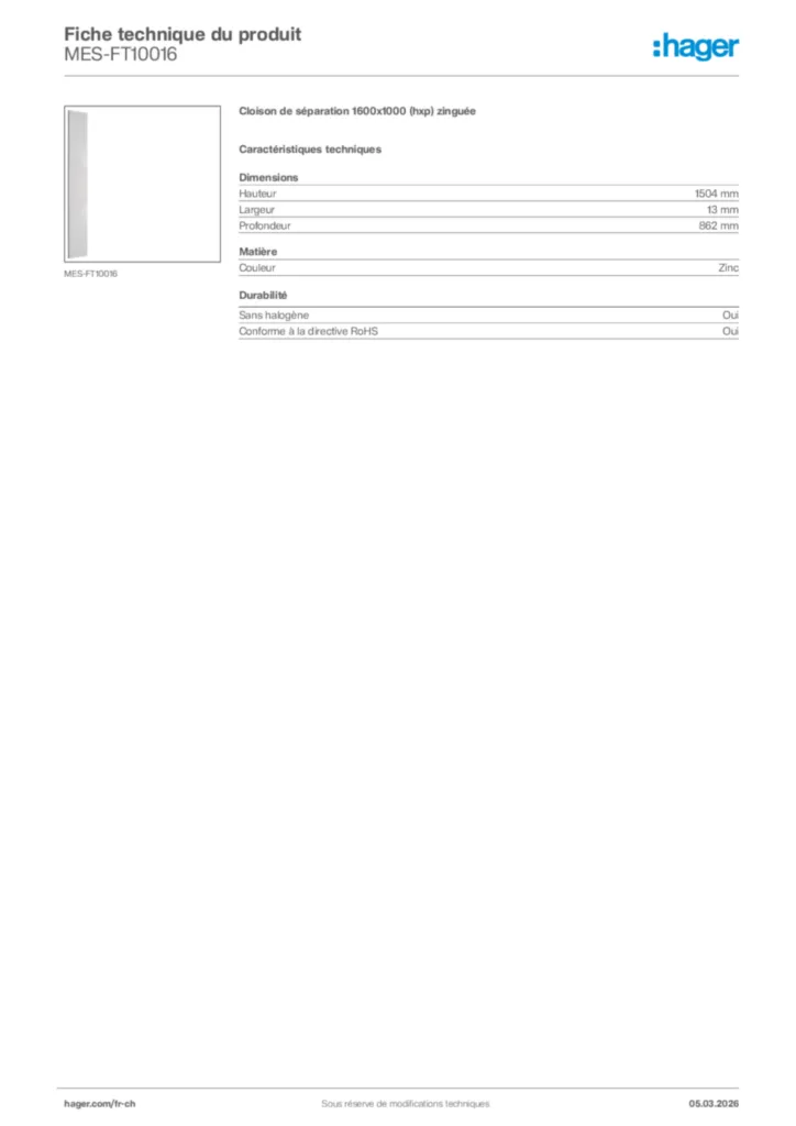 Image Hager Fiche technique du produit MES-FT10016 | Hager Suisse