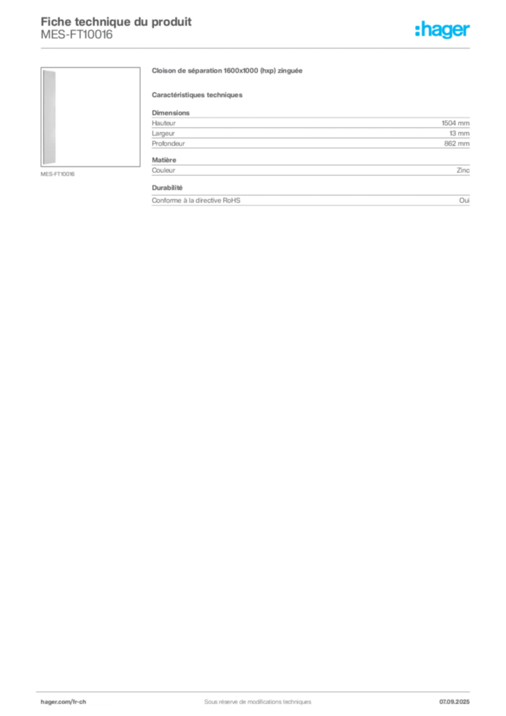 Image Hager Fiche technique du produit MES-FT10016 | Hager Suisse
