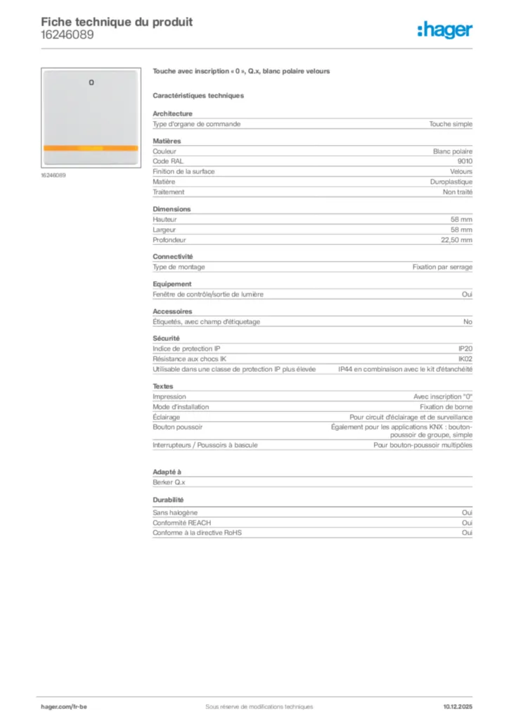 Image Hager Fiche technique du produit 16246089 | Hager Belgique