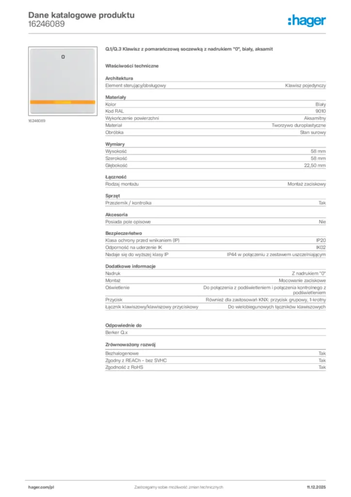 Zdjęcie Hager Dane katalogowe produktu 16246089 | Hager Polska