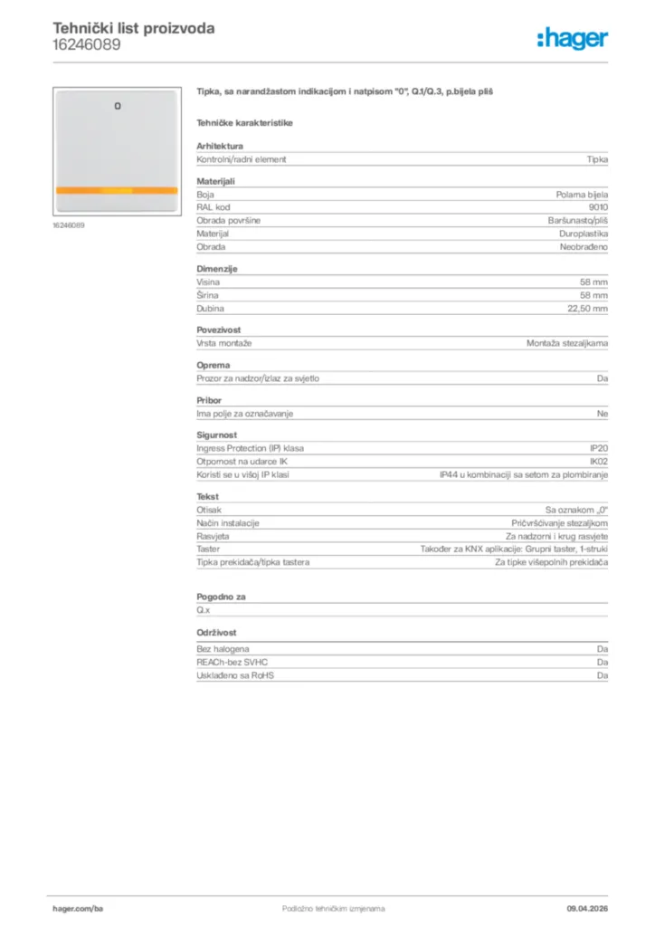 Slika Hager Tehnički list proizvoda 16246089  | Hager