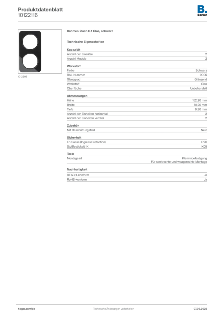 Bild Berker Produktdatenblatt 10122116 | Hager Deutschland