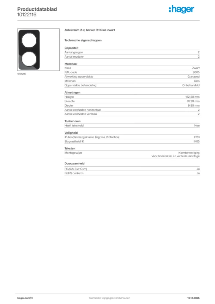 Afbeelding Hager Productdatablad 10122116 | Hager Nederland