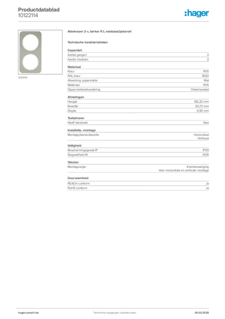 Afbeelding Hager Productdatablad 10122114 | Hager Belgium
