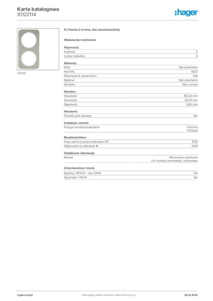 Zdjęcie Hager Karta katalogowa 10122114 | Hager Polska
