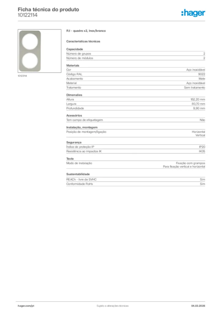 Imagem Hager Ficha técnica do produto 10122114 | Hager Portugal