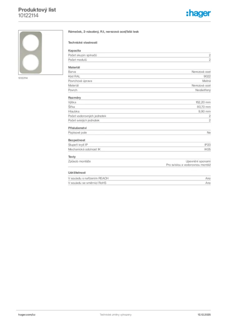 Obrázek Hager Produktový list 10122114 | Hager