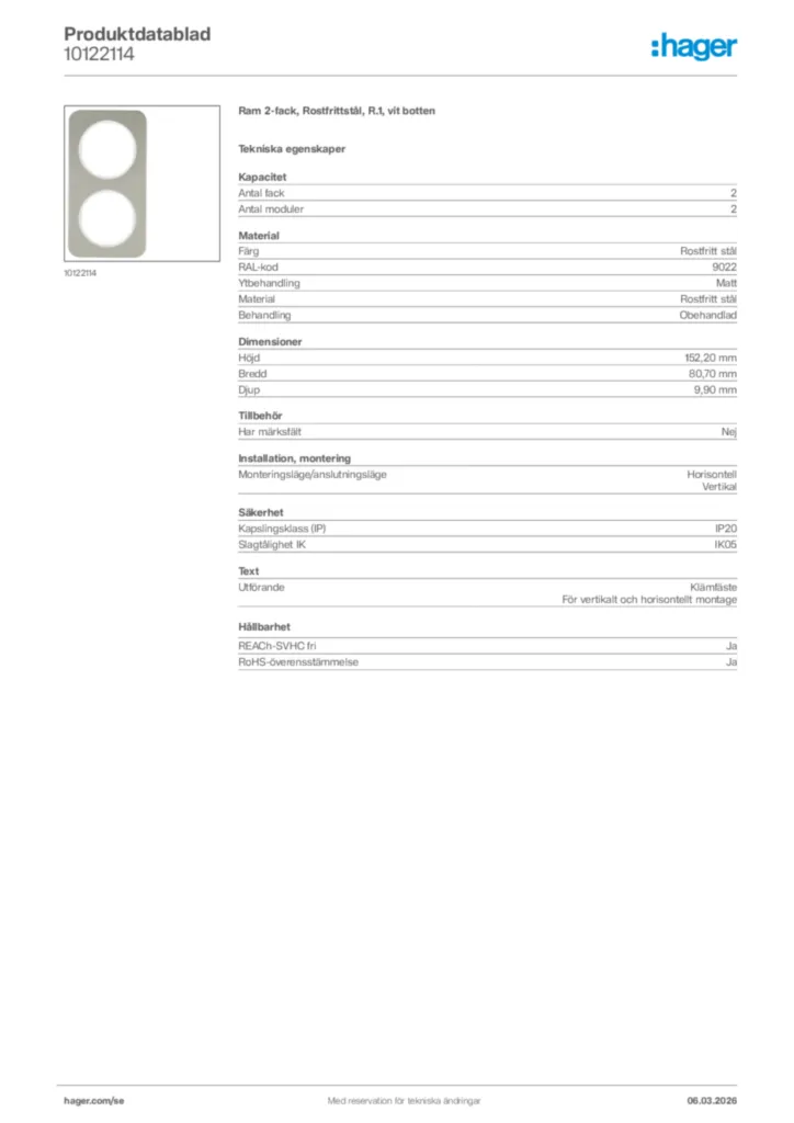 Bild Hager Produktdatablad 10122114 | Hager Sverige