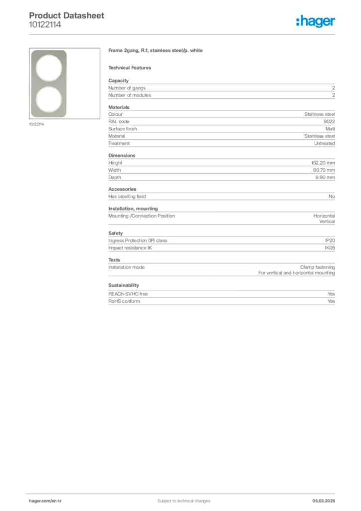 Image Hager Product data sheet 10122114  | Hager