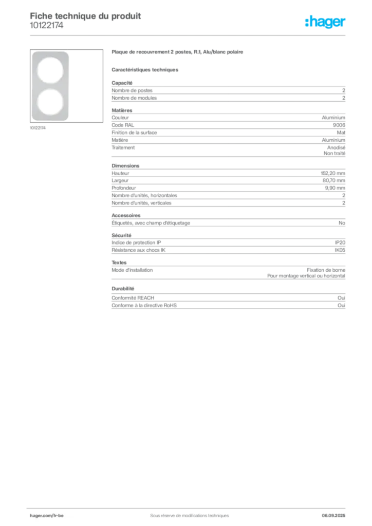 Image Hager Fiche technique du produit 10122174 | Hager Belgique