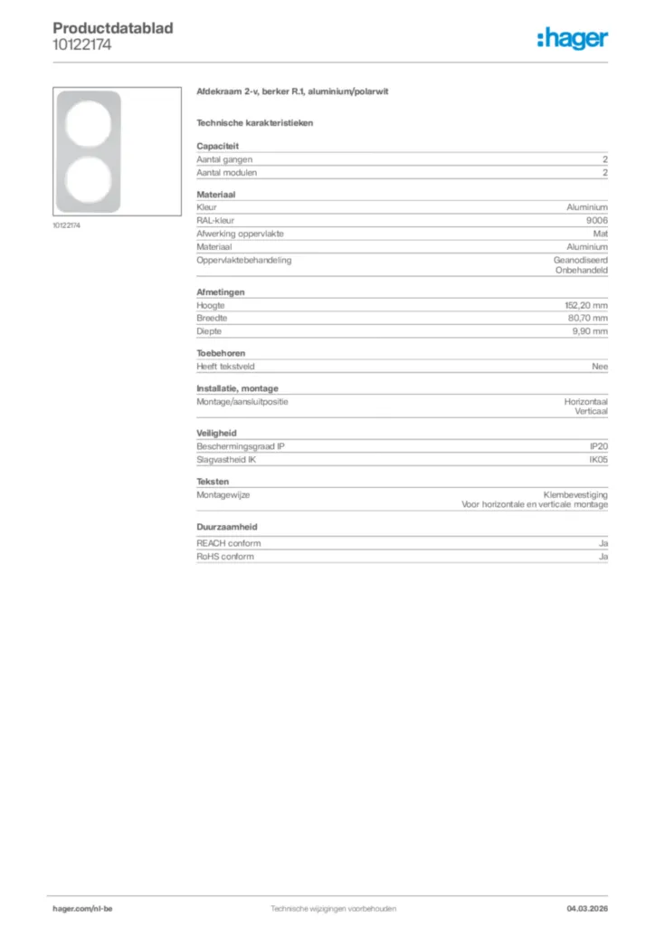 Afbeelding Hager Productdatablad 10122174 | Hager Belgium