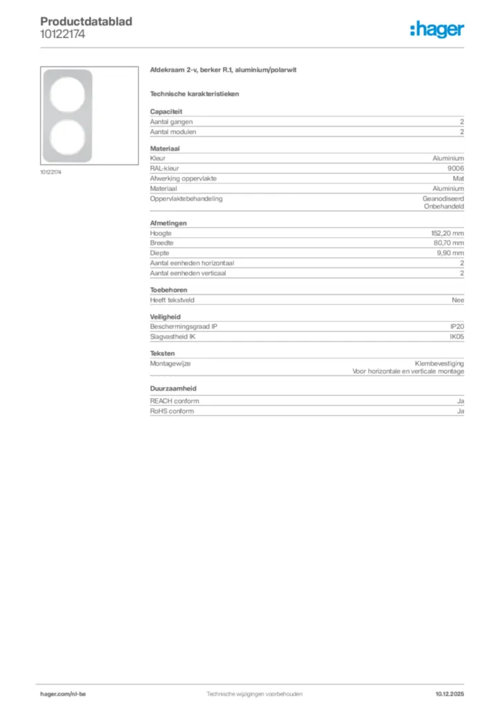 Afbeelding Hager Productdatablad 10122174 | Hager Belgium