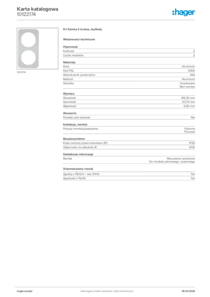Zdjęcie Hager Karta katalogowa 10122174 | Hager Polska