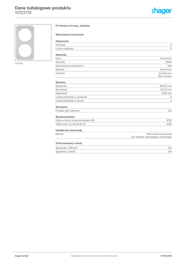 Zdjęcie Hager Dane katalogowe produktu 10122174 | Hager Polska