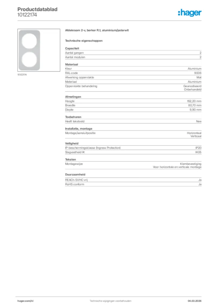 Afbeelding Hager Productdatablad 10122174 | Hager Nederland
