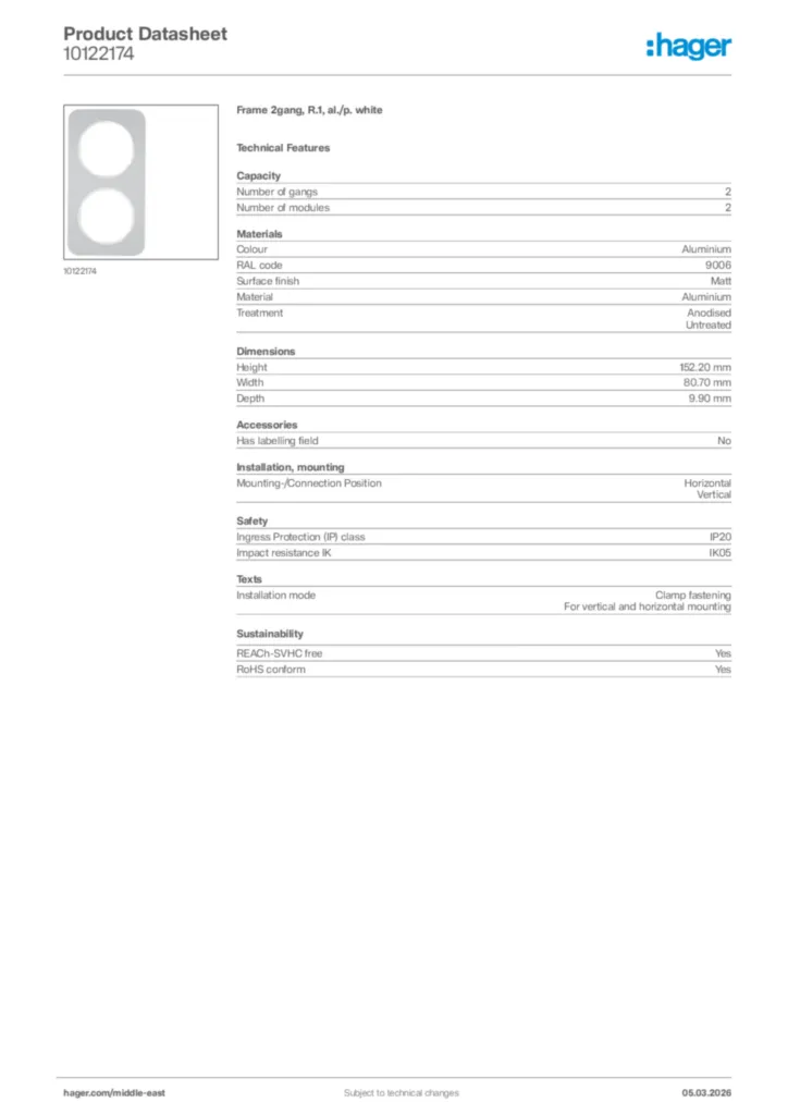 Image Hager Product data sheet 10122174  | Hager