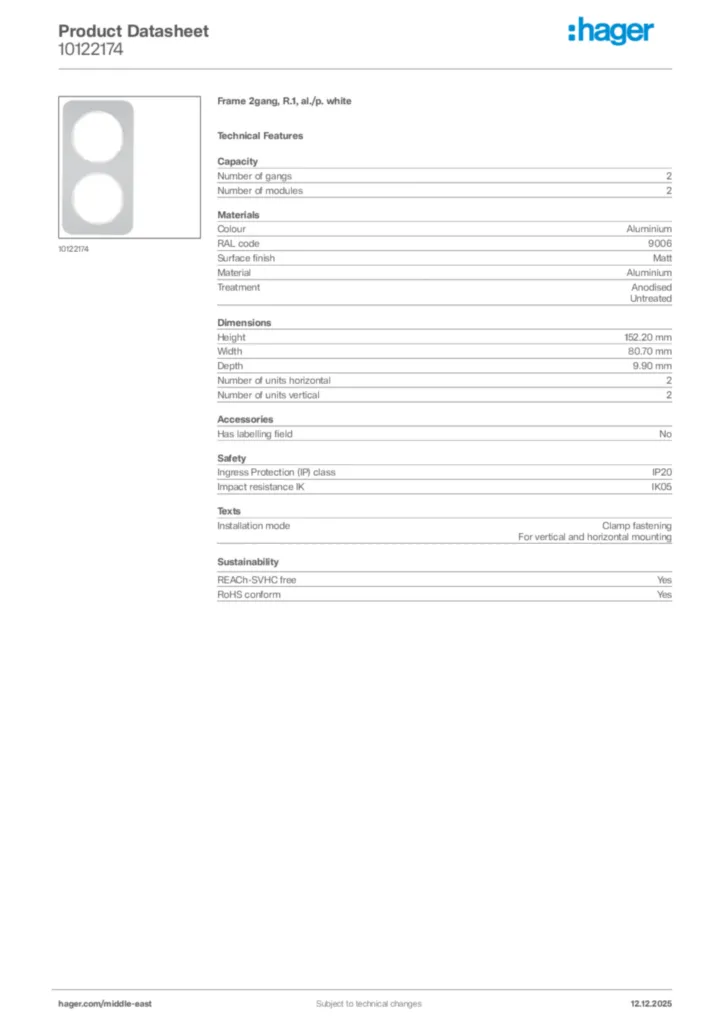 Image Hager Product data sheet 10122174  | Hager