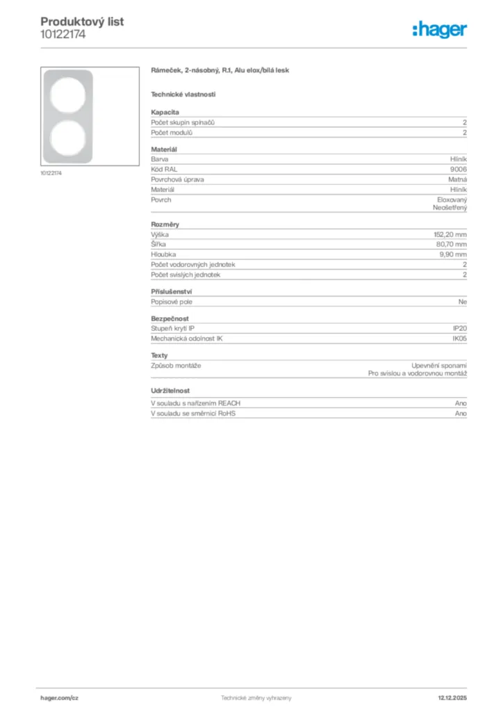 Obrázek Hager Produktový list 10122174 | Hager