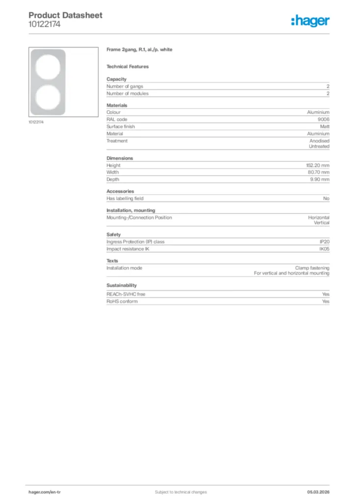 Image Hager Product data sheet 10122174  | Hager
