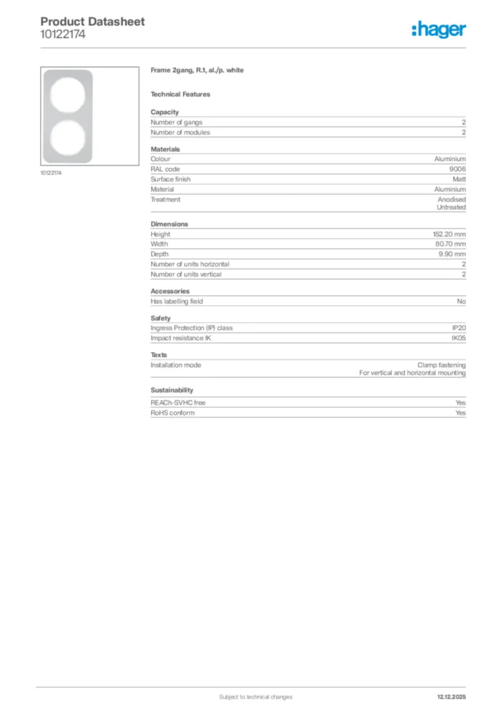 Image Hager Product data sheet 10122174  | Hager