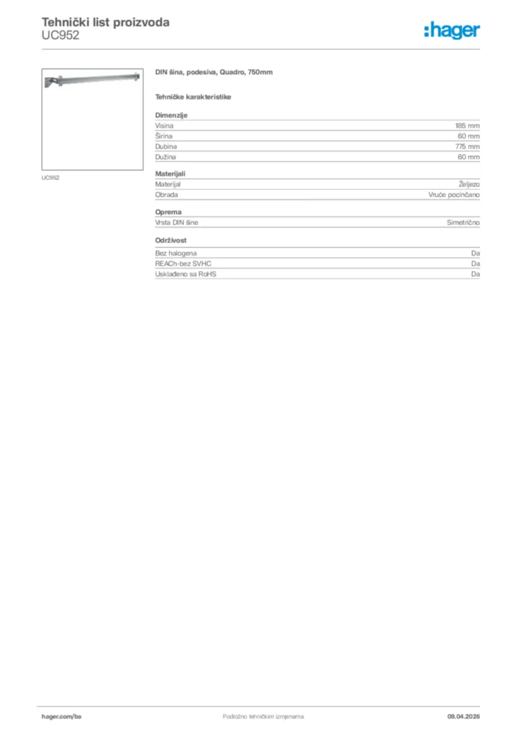 Slika Hager Tehnički list proizvoda UC952  | Hager