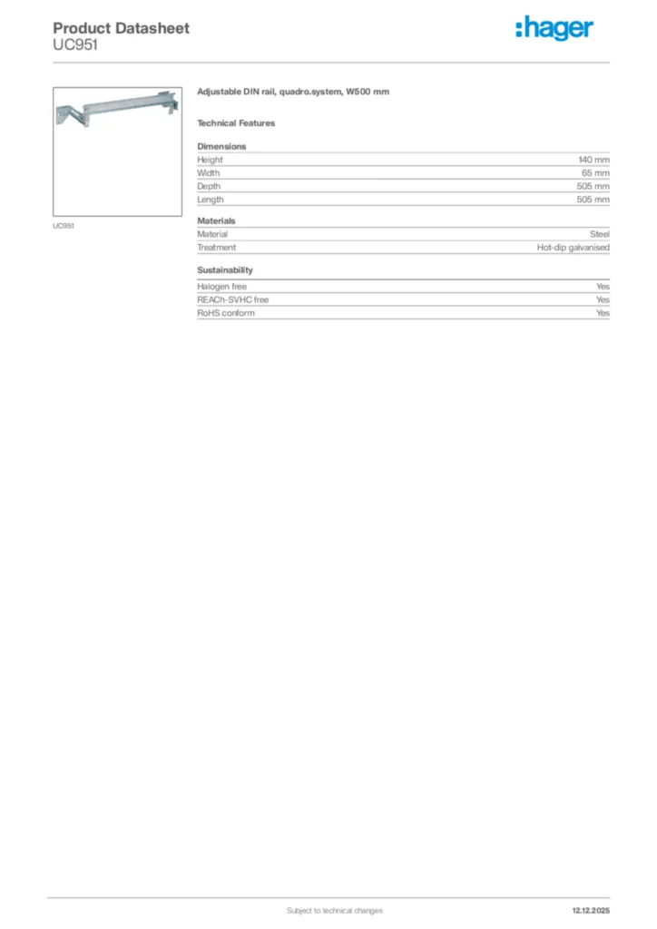 Image Hager Product data sheet UC951  | Hager Africa