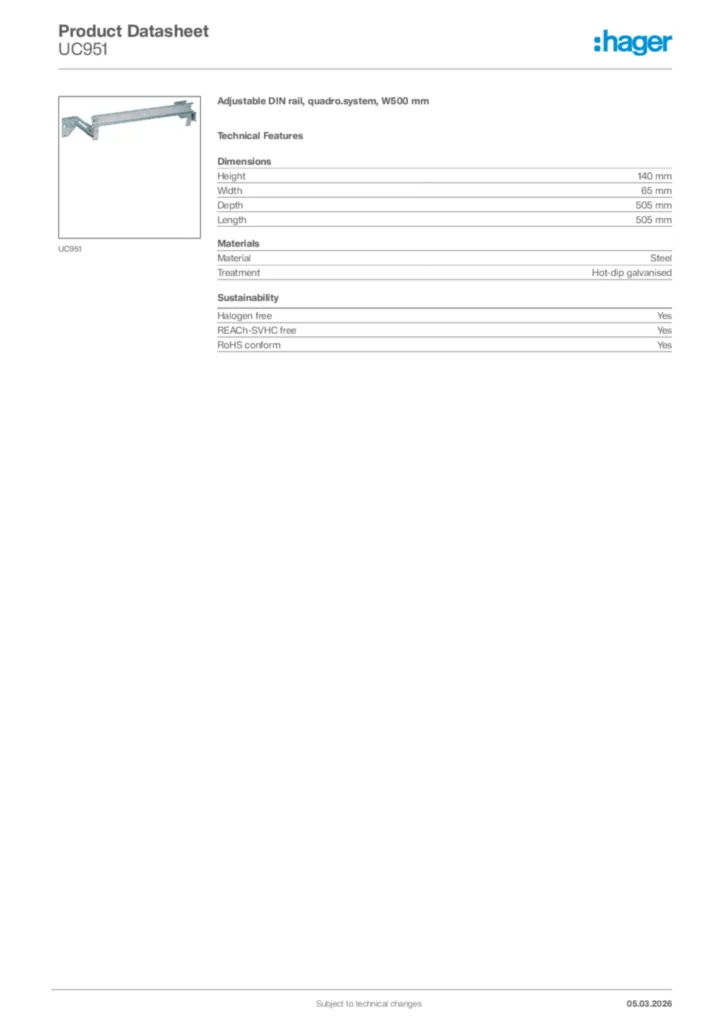 Image Hager Product data sheet UC951  | Hager Africa