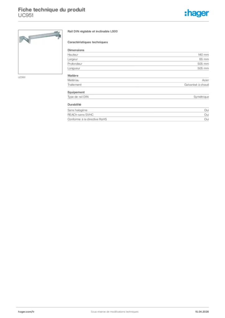 Image Hager Fiche technique du produit UC951 | Hager France