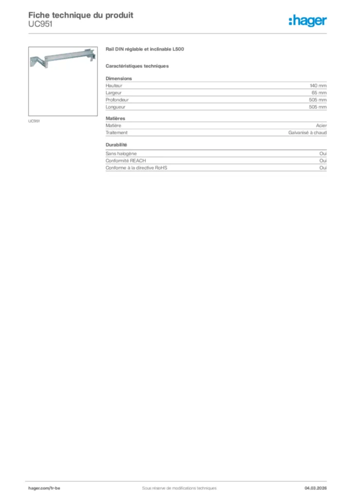 Image Hager Fiche technique du produit UC951 | Hager Belgique