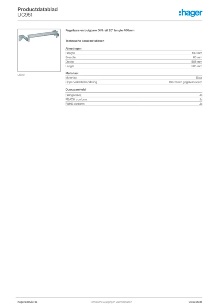 Afbeelding Hager Productdatablad UC951 | Hager Belgium