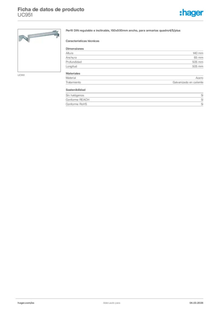 Imagen Hager Ficha de datos de producto UC951 | Hager España