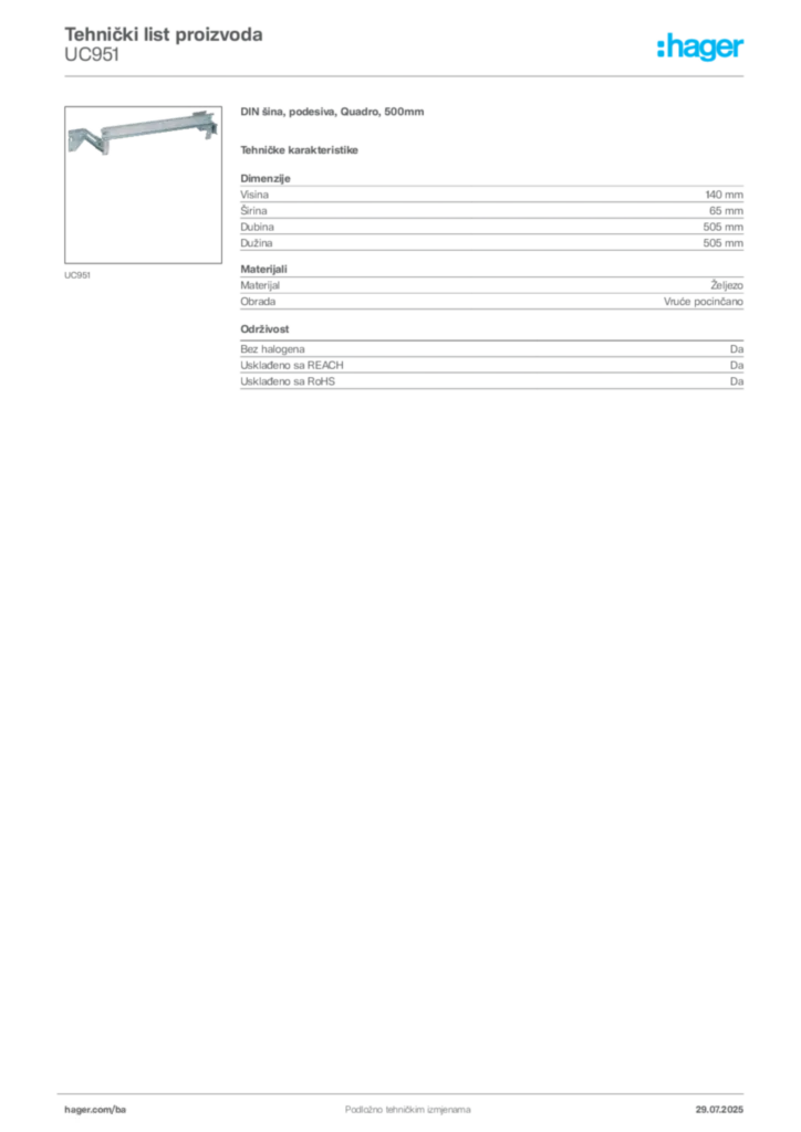 Slika Hager Product data sheet UC951  | Hager