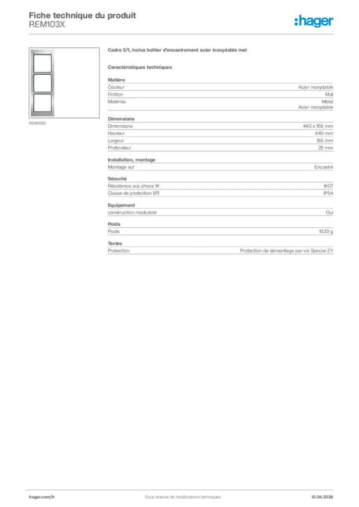 Image Hager Fiche technique du produit REM103X | Hager France