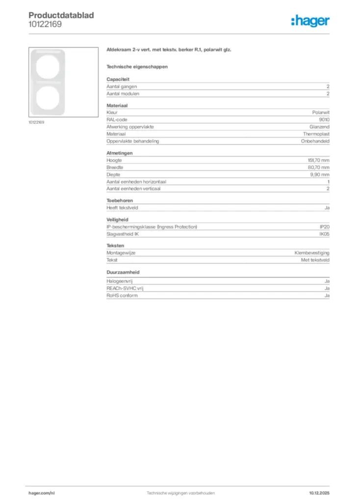 Afbeelding Hager Productdatablad 10122169 | Hager Nederland