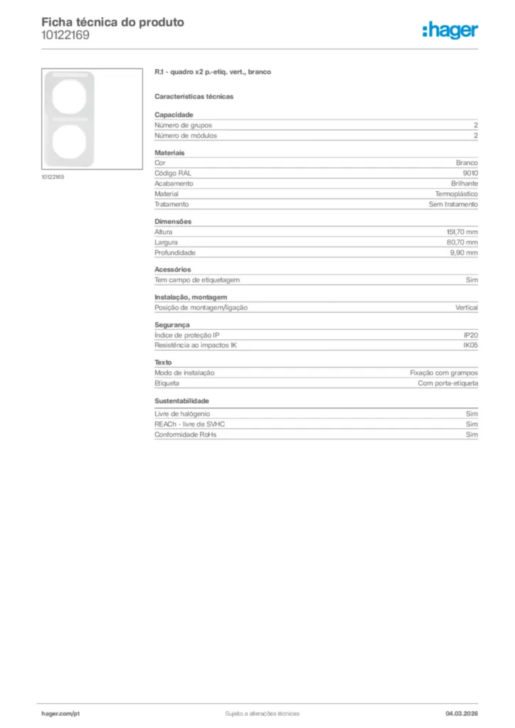 Imagem Hager Ficha técnica do produto 10122169 | Hager Portugal