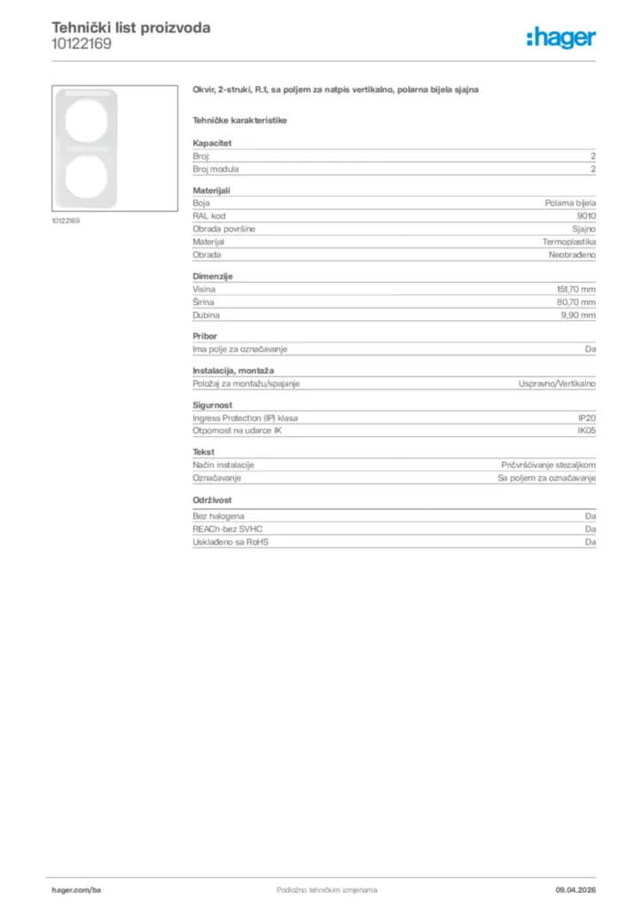 Slika Hager Tehnički list proizvoda 10122169  | Hager